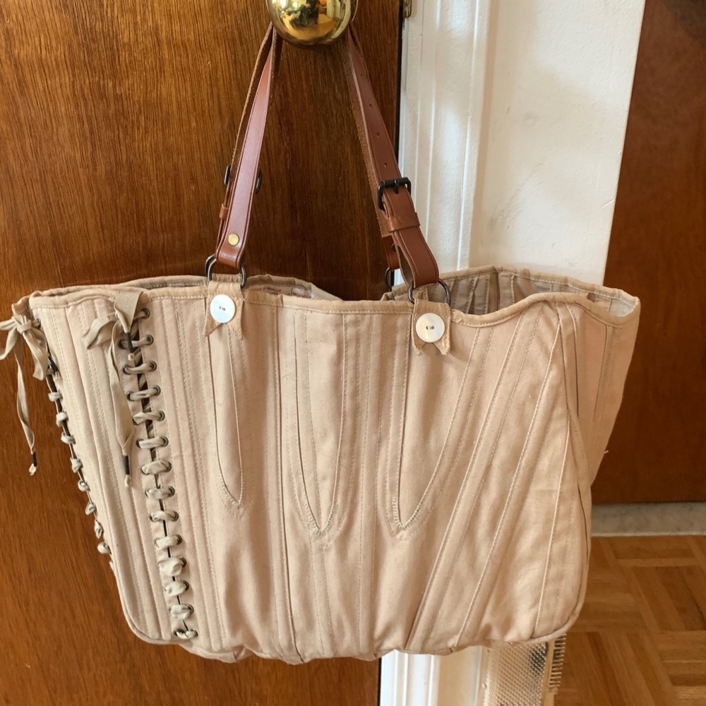 JAMIN PUECH Vintage Corseted Cotton & Leather Tote